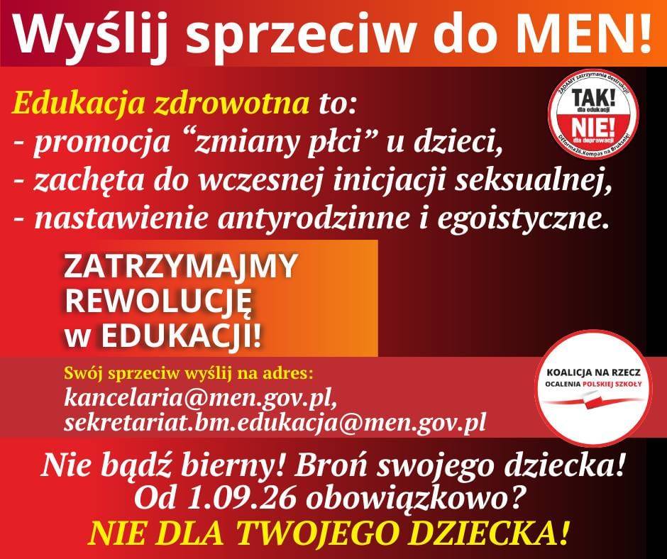 Wyślij sprzeciw do MEN – Edukacja tzw. Zdrowotna OBOWIĄZKOWA od 01.09.2026 ? Nie dla Twojego dziecka !